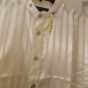 Striped Ivory Event Occasion dress shirt grandad collarless gold Button 15.5